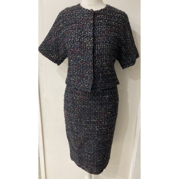 Lafayette 148 Suit crop jacket & pencil skirt black tweed multicolor silver - Picture 1 of 16